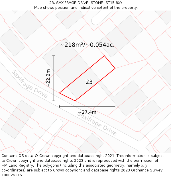 23, SAXIFRAGE DRIVE, STONE, ST15 8XY: Plot and title map