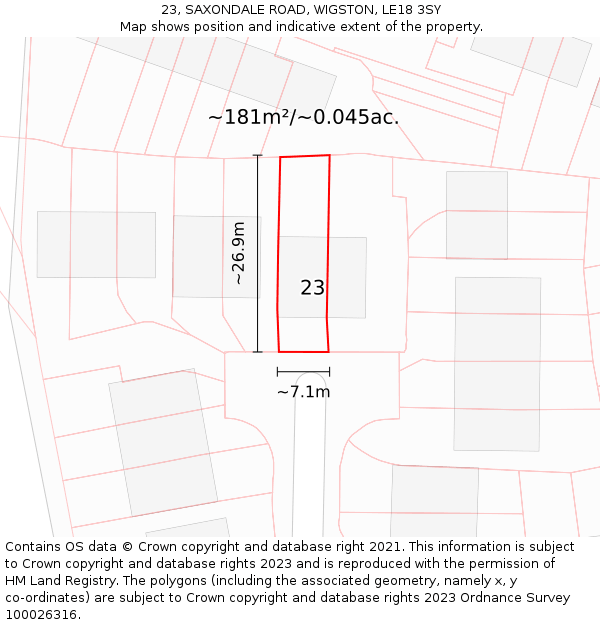 23, SAXONDALE ROAD, WIGSTON, LE18 3SY: Plot and title map