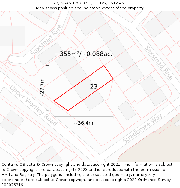 23, SAXSTEAD RISE, LEEDS, LS12 4ND: Plot and title map