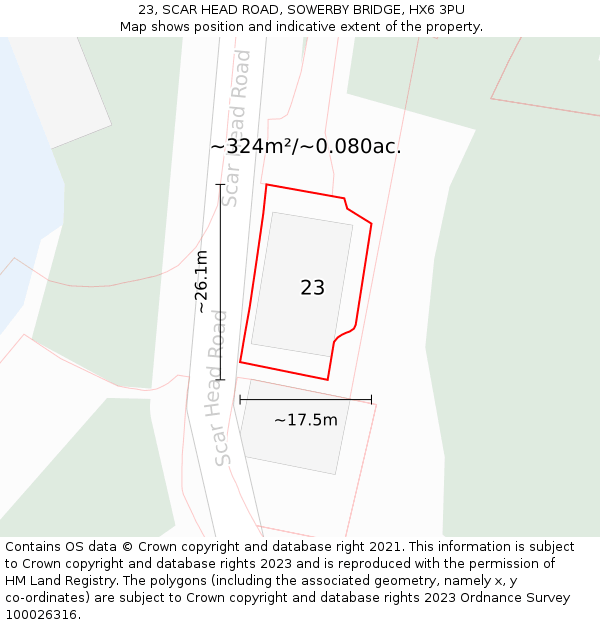 23, SCAR HEAD ROAD, SOWERBY BRIDGE, HX6 3PU: Plot and title map