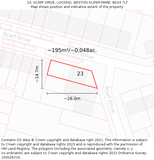 23, SCARF DRIVE, LOCKING, WESTON-SUPER-MARE, BS24 7LT: Plot and title map