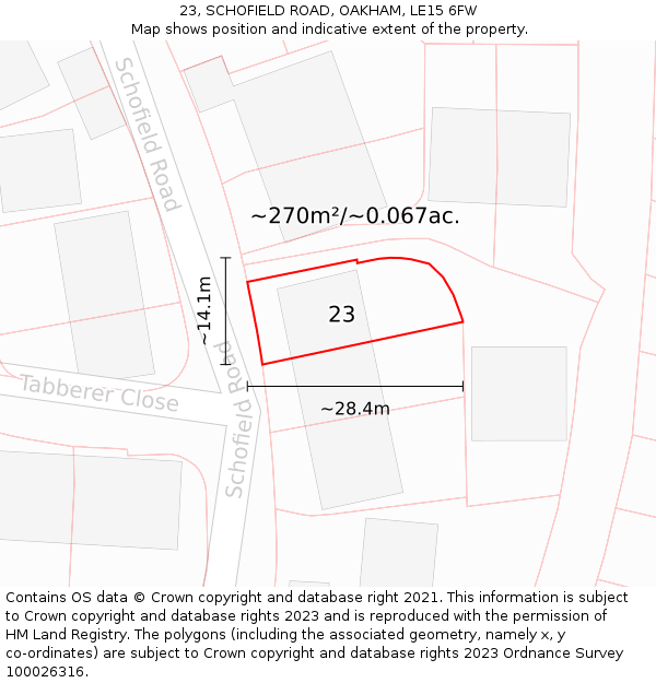 23, SCHOFIELD ROAD, OAKHAM, LE15 6FW: Plot and title map