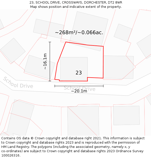 23, SCHOOL DRIVE, CROSSWAYS, DORCHESTER, DT2 8WR: Plot and title map
