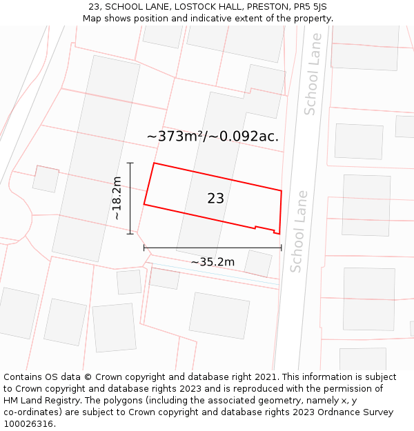 23, SCHOOL LANE, LOSTOCK HALL, PRESTON, PR5 5JS: Plot and title map