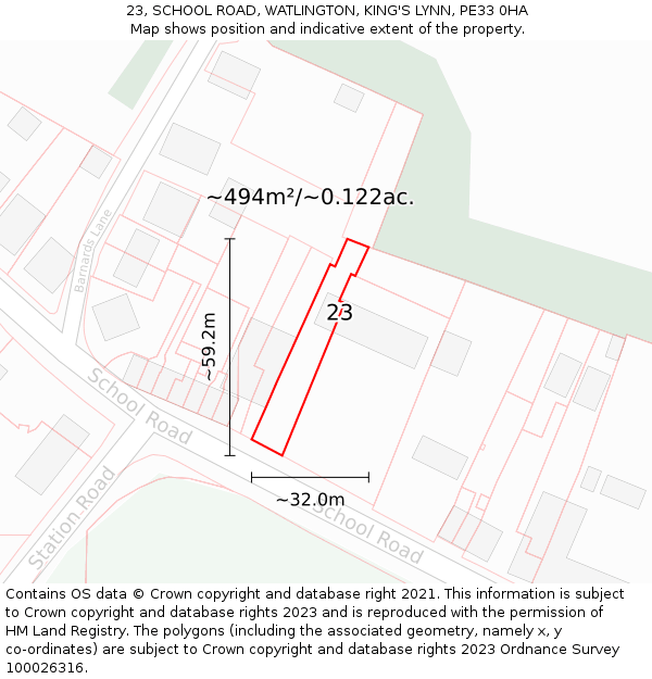 23, SCHOOL ROAD, WATLINGTON, KING'S LYNN, PE33 0HA: Plot and title map