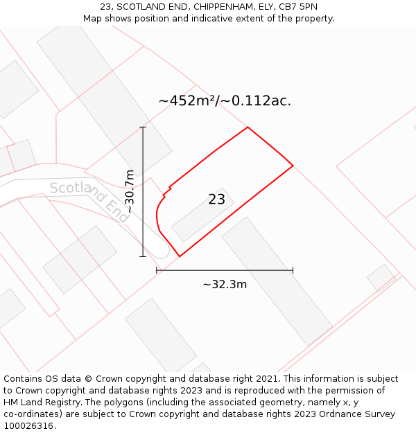 23, SCOTLAND END, CHIPPENHAM, ELY, CB7 5PN: Plot and title map