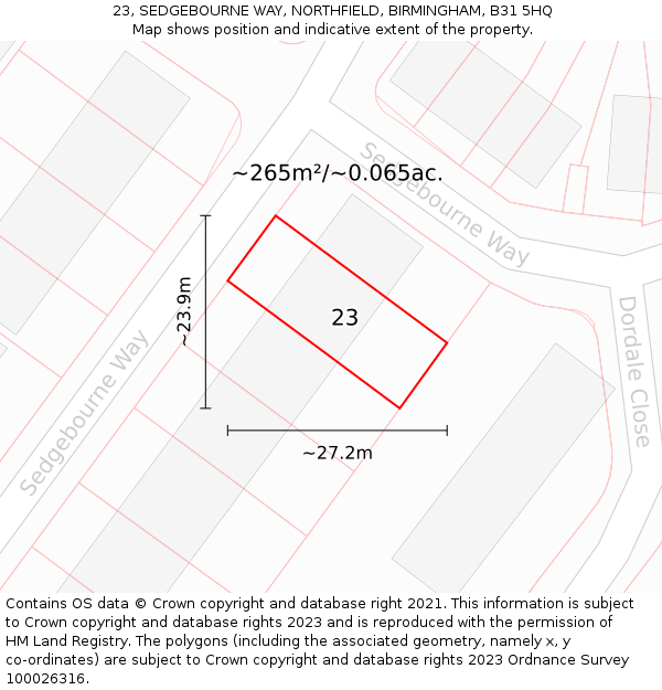 23, SEDGEBOURNE WAY, NORTHFIELD, BIRMINGHAM, B31 5HQ: Plot and title map
