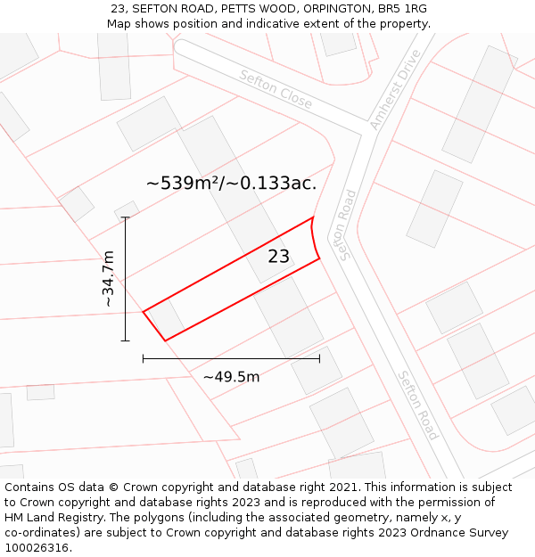 23, SEFTON ROAD, PETTS WOOD, ORPINGTON, BR5 1RG: Plot and title map