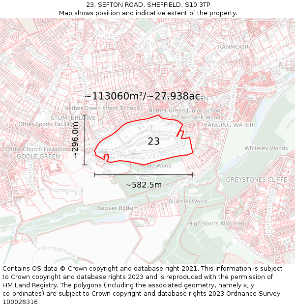 23, SEFTON ROAD, SHEFFIELD, S10 3TP: Plot and title map