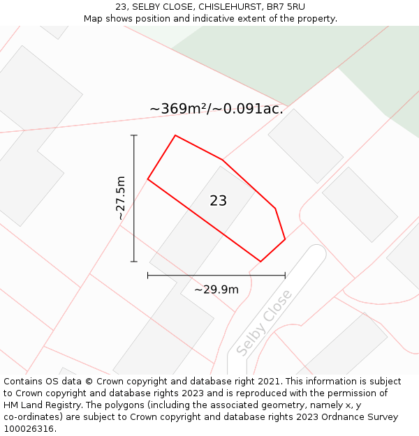 23, SELBY CLOSE, CHISLEHURST, BR7 5RU: Plot and title map