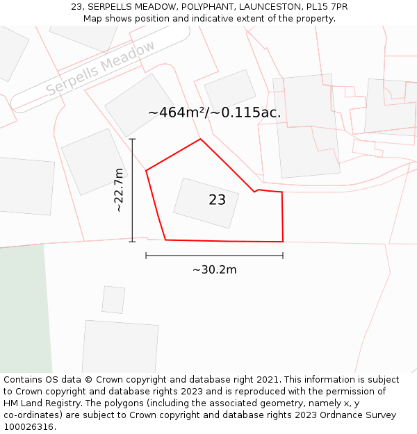 23, SERPELLS MEADOW, POLYPHANT, LAUNCESTON, PL15 7PR: Plot and title map