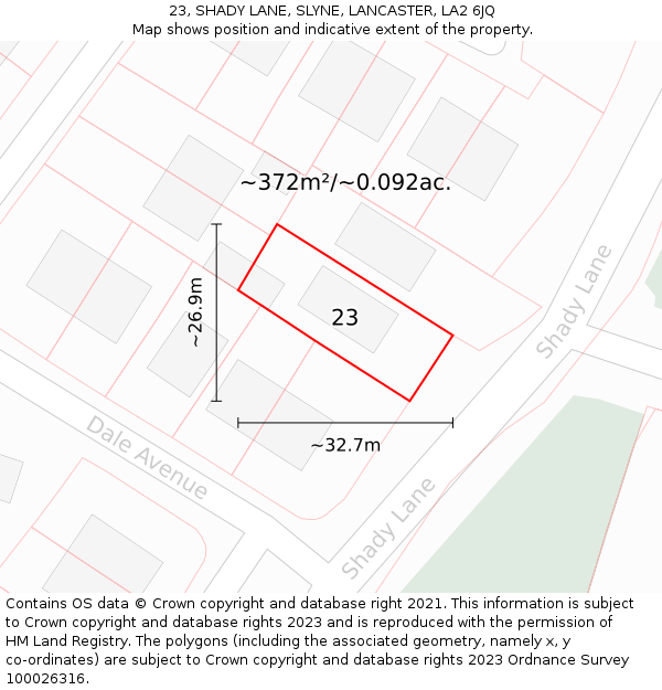 23, SHADY LANE, SLYNE, LANCASTER, LA2 6JQ: Plot and title map