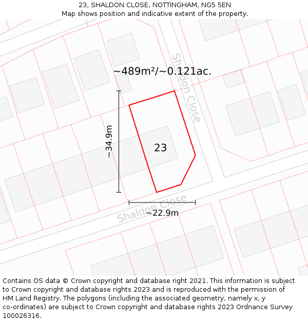 23, SHALDON CLOSE, NOTTINGHAM, NG5 5EN: Plot and title map