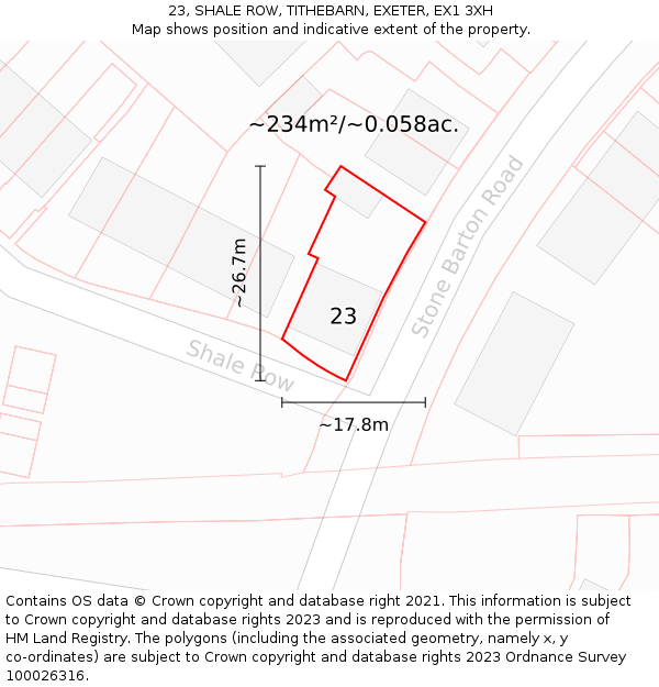 23, SHALE ROW, TITHEBARN, EXETER, EX1 3XH: Plot and title map