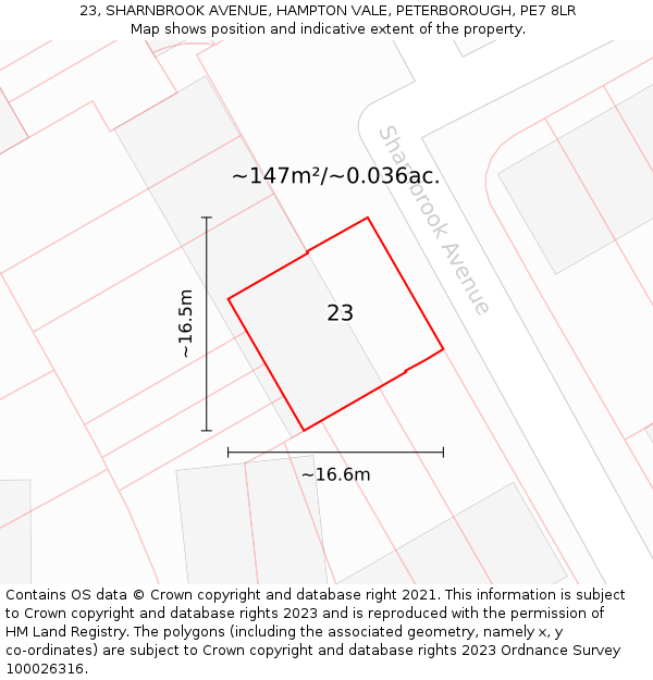 23, SHARNBROOK AVENUE, HAMPTON VALE, PETERBOROUGH, PE7 8LR: Plot and title map