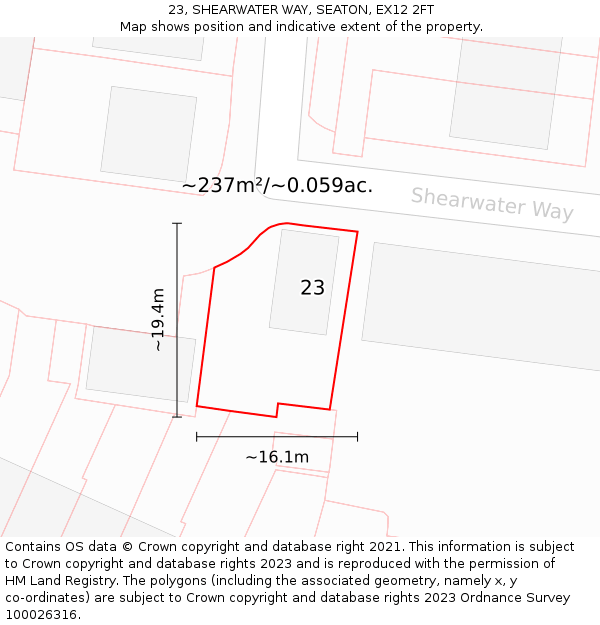 23, SHEARWATER WAY, SEATON, EX12 2FT: Plot and title map