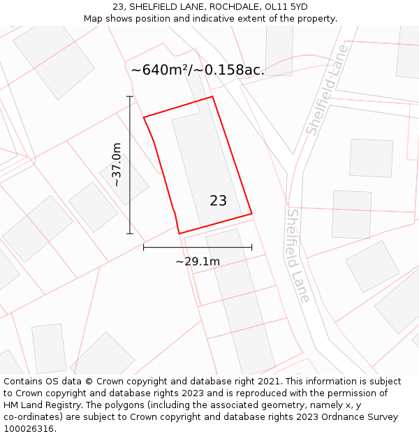23, SHELFIELD LANE, ROCHDALE, OL11 5YD: Plot and title map
