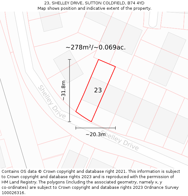 23, SHELLEY DRIVE, SUTTON COLDFIELD, B74 4YD: Plot and title map