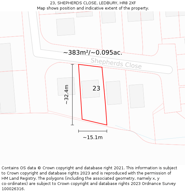 23, SHEPHERDS CLOSE, LEDBURY, HR8 2XF: Plot and title map