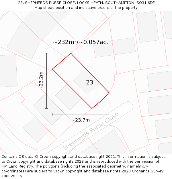 23, SHEPHERDS PURSE CLOSE, LOCKS HEATH, SOUTHAMPTON, SO31 6DF: Plot and title map