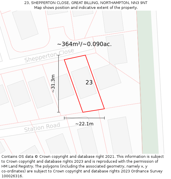 23, SHEPPERTON CLOSE, GREAT BILLING, NORTHAMPTON, NN3 9NT: Plot and title map