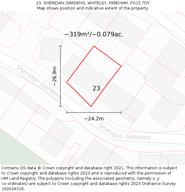 23, SHERIDAN GARDENS, WHITELEY, FAREHAM, PO15 7DY: Plot and title map