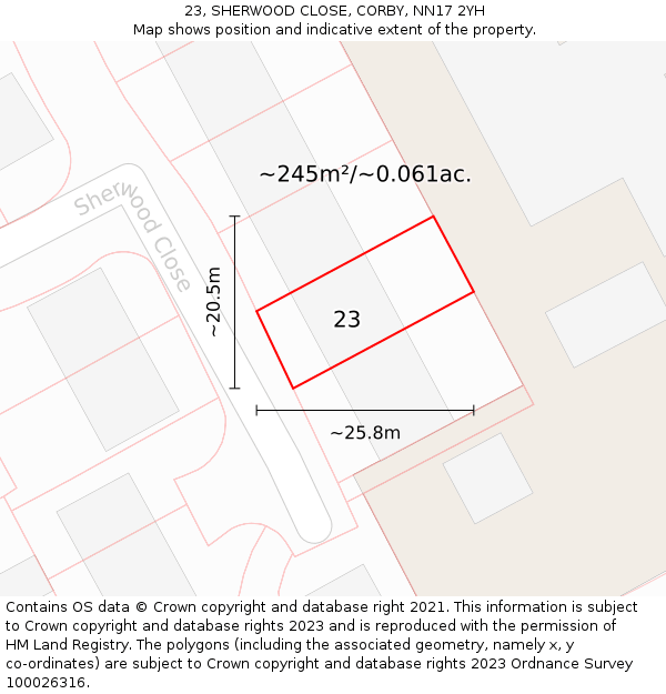 23, SHERWOOD CLOSE, CORBY, NN17 2YH: Plot and title map