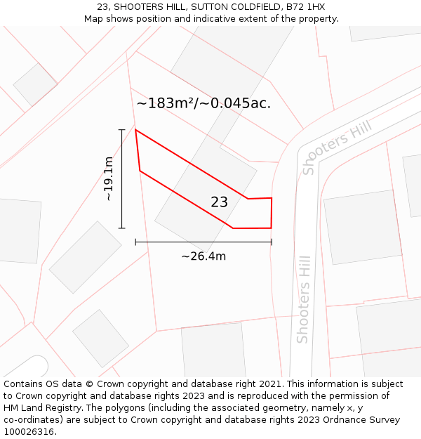 23, SHOOTERS HILL, SUTTON COLDFIELD, B72 1HX: Plot and title map