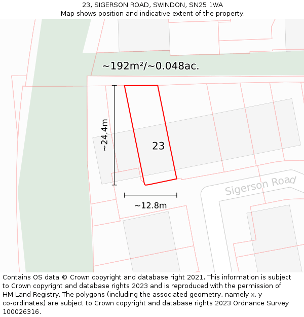 23, SIGERSON ROAD, SWINDON, SN25 1WA: Plot and title map