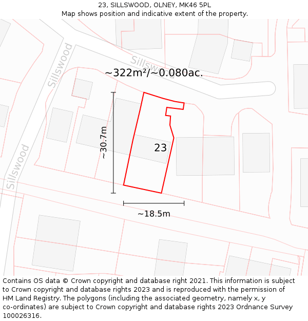 23, SILLSWOOD, OLNEY, MK46 5PL: Plot and title map