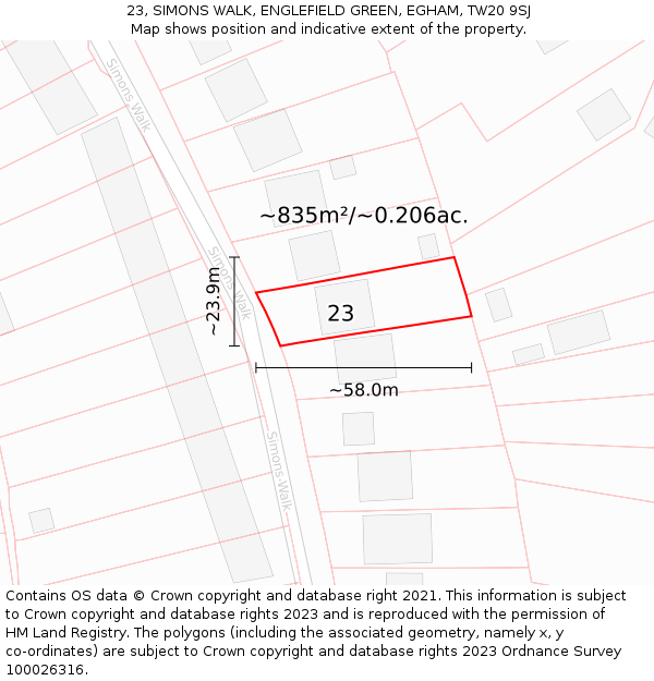23, SIMONS WALK, ENGLEFIELD GREEN, EGHAM, TW20 9SJ: Plot and title map