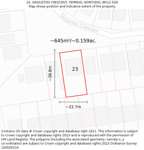 23, SINGLETON CRESCENT, FERRING, WORTHING, BN12 5DE: Plot and title map