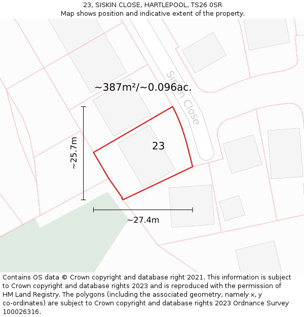 23, SISKIN CLOSE, HARTLEPOOL, TS26 0SR: Plot and title map