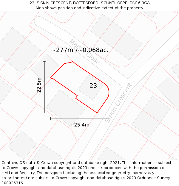 23, SISKIN CRESCENT, BOTTESFORD, SCUNTHORPE, DN16 3GA: Plot and title map