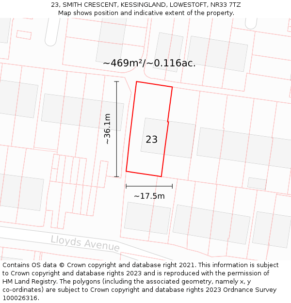23, SMITH CRESCENT, KESSINGLAND, LOWESTOFT, NR33 7TZ: Plot and title map