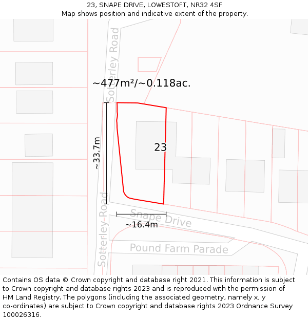 23, SNAPE DRIVE, LOWESTOFT, NR32 4SF: Plot and title map
