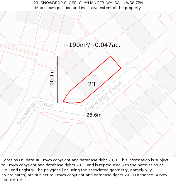 23, SNOWDROP CLOSE, CLAYHANGER, WALSALL, WS8 7RN: Plot and title map