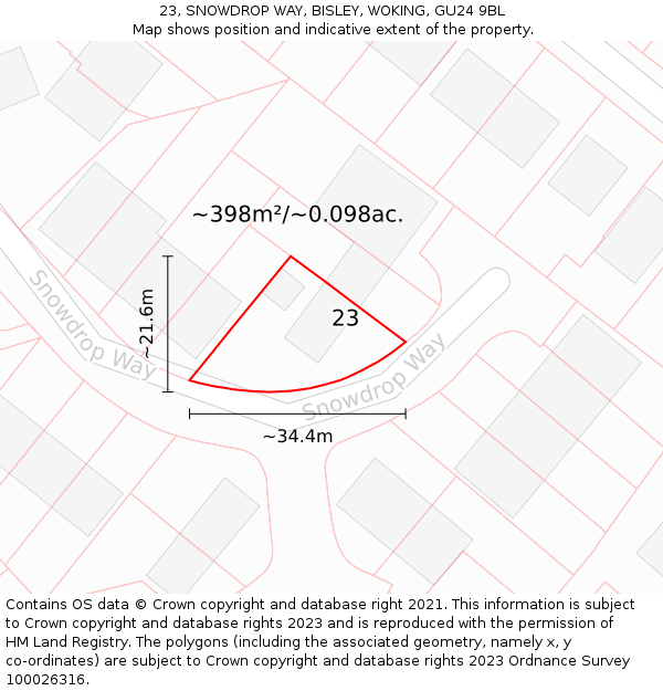 23, SNOWDROP WAY, BISLEY, WOKING, GU24 9BL: Plot and title map