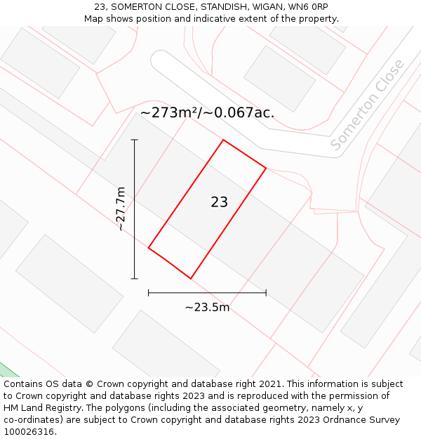 23, SOMERTON CLOSE, STANDISH, WIGAN, WN6 0RP: Plot and title map