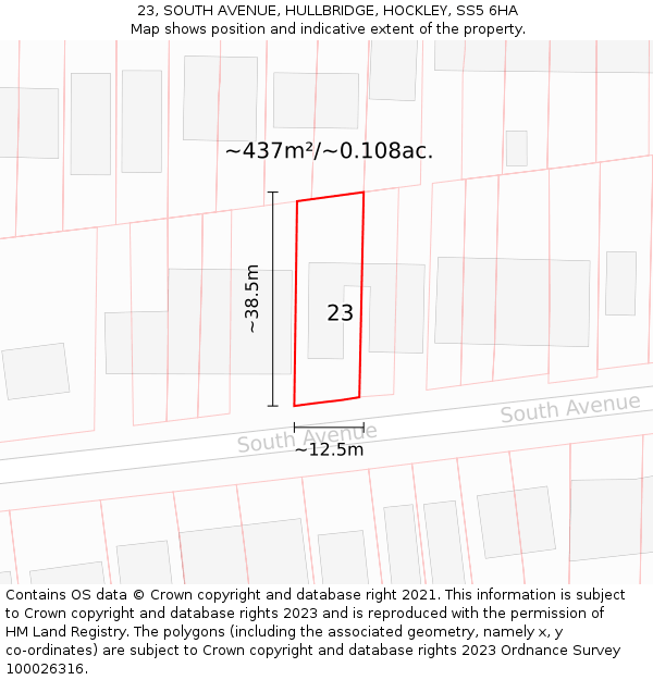 23, SOUTH AVENUE, HULLBRIDGE, HOCKLEY, SS5 6HA: Plot and title map