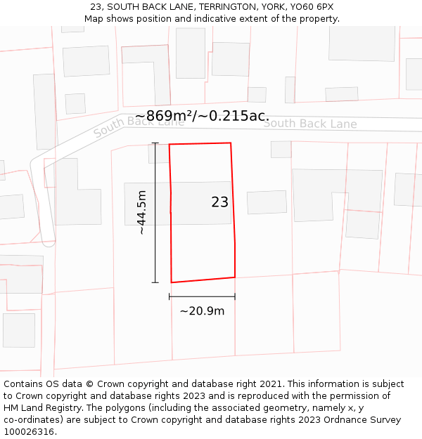 23, SOUTH BACK LANE, TERRINGTON, YORK, YO60 6PX: Plot and title map
