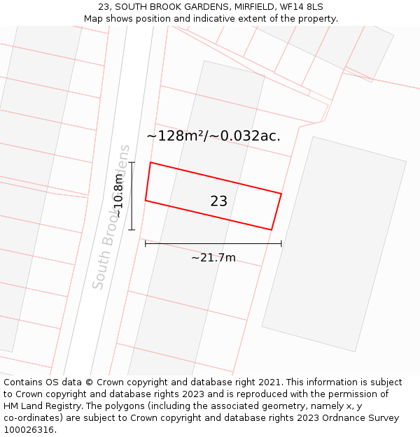 23, SOUTH BROOK GARDENS, MIRFIELD, WF14 8LS: Plot and title map