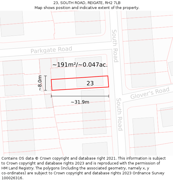 23, SOUTH ROAD, REIGATE, RH2 7LB: Plot and title map