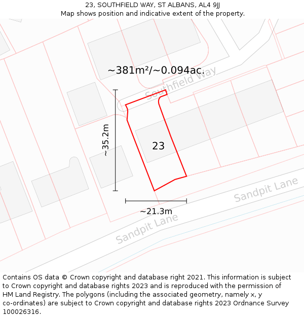 23, SOUTHFIELD WAY, ST ALBANS, AL4 9JJ: Plot and title map