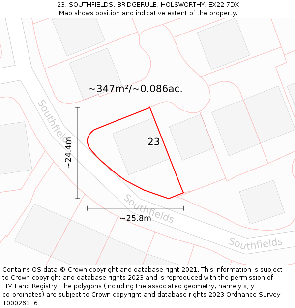 23, SOUTHFIELDS, BRIDGERULE, HOLSWORTHY, EX22 7DX: Plot and title map