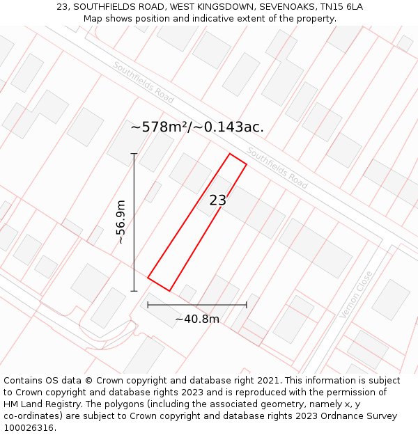 23, SOUTHFIELDS ROAD, WEST KINGSDOWN, SEVENOAKS, TN15 6LA: Plot and title map