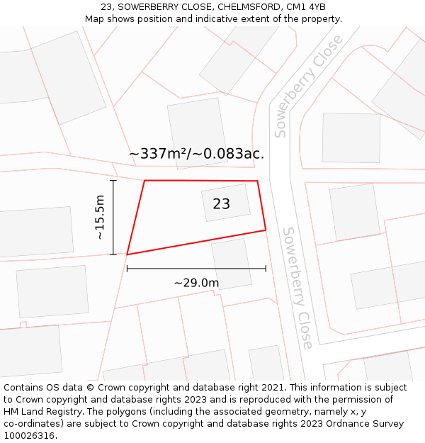 23, SOWERBERRY CLOSE, CHELMSFORD, CM1 4YB: Plot and title map