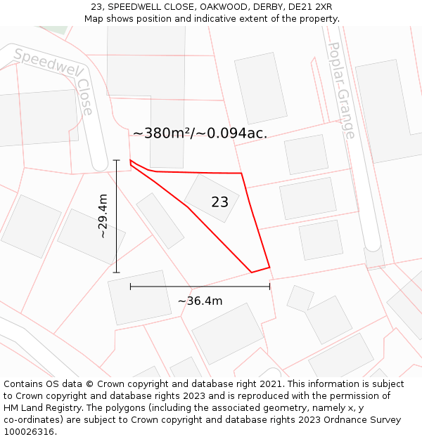 23, SPEEDWELL CLOSE, OAKWOOD, DERBY, DE21 2XR: Plot and title map
