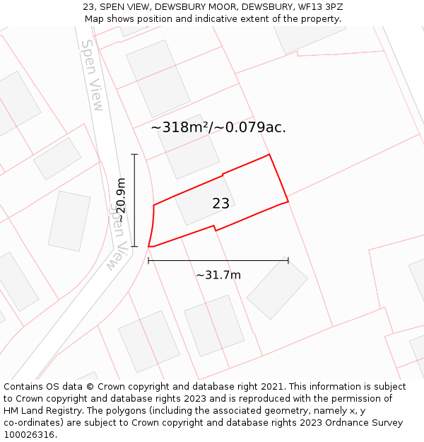 23, SPEN VIEW, DEWSBURY MOOR, DEWSBURY, WF13 3PZ: Plot and title map