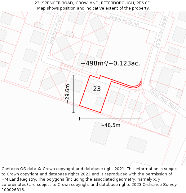 23, SPENCER ROAD, CROWLAND, PETERBOROUGH, PE6 0FL: Plot and title map